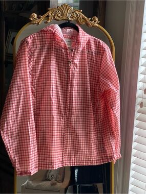 L.L.Bean Orange Red and White Gingham Full Zip Windbreaker Jacket